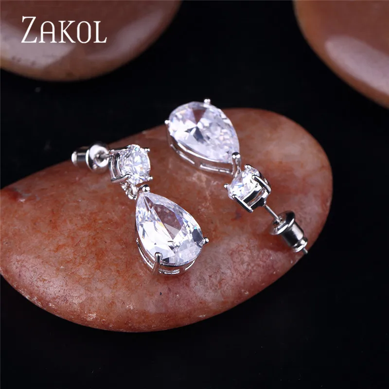 ZAKOL модные серьги-капли белого цвета для женщин невесты с фианитом высшего