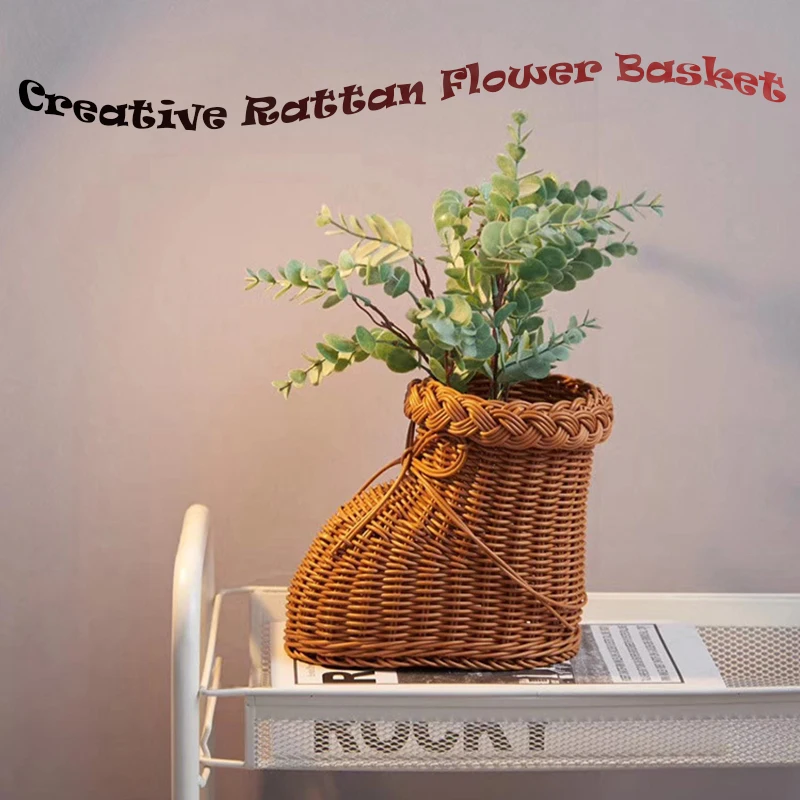

Rattan Woven Shoe Shape Flower Basket Desktop Storage Organizer Decoration