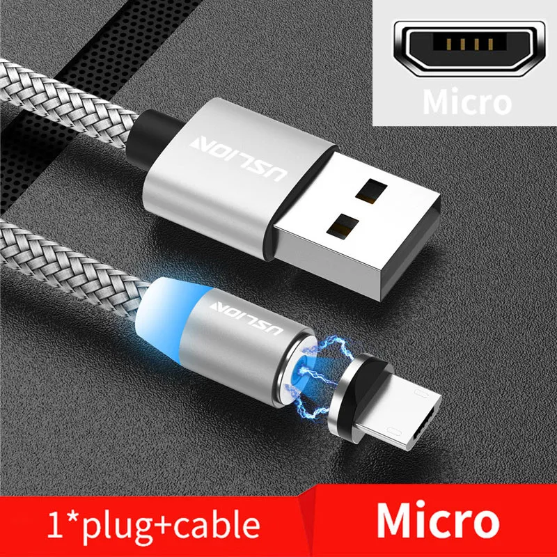 Магнитный кабель USLION, Micro usb type C, кабель для быстрой зарядки, зарядное устройство для iPhone, samsung, huawei, Xiaomi, Micro USB кабель, USB C кабель - Цвет: Silver for Micro