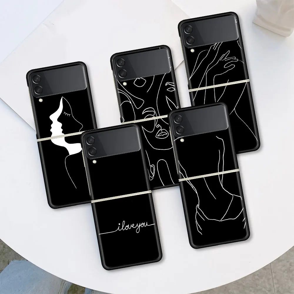 

Cell Phone Housing For Samsung Galaxy Z Flip 3 5G Case Black Art Line White Shell Luxury Cover ZFlip Black Hard PC Coque