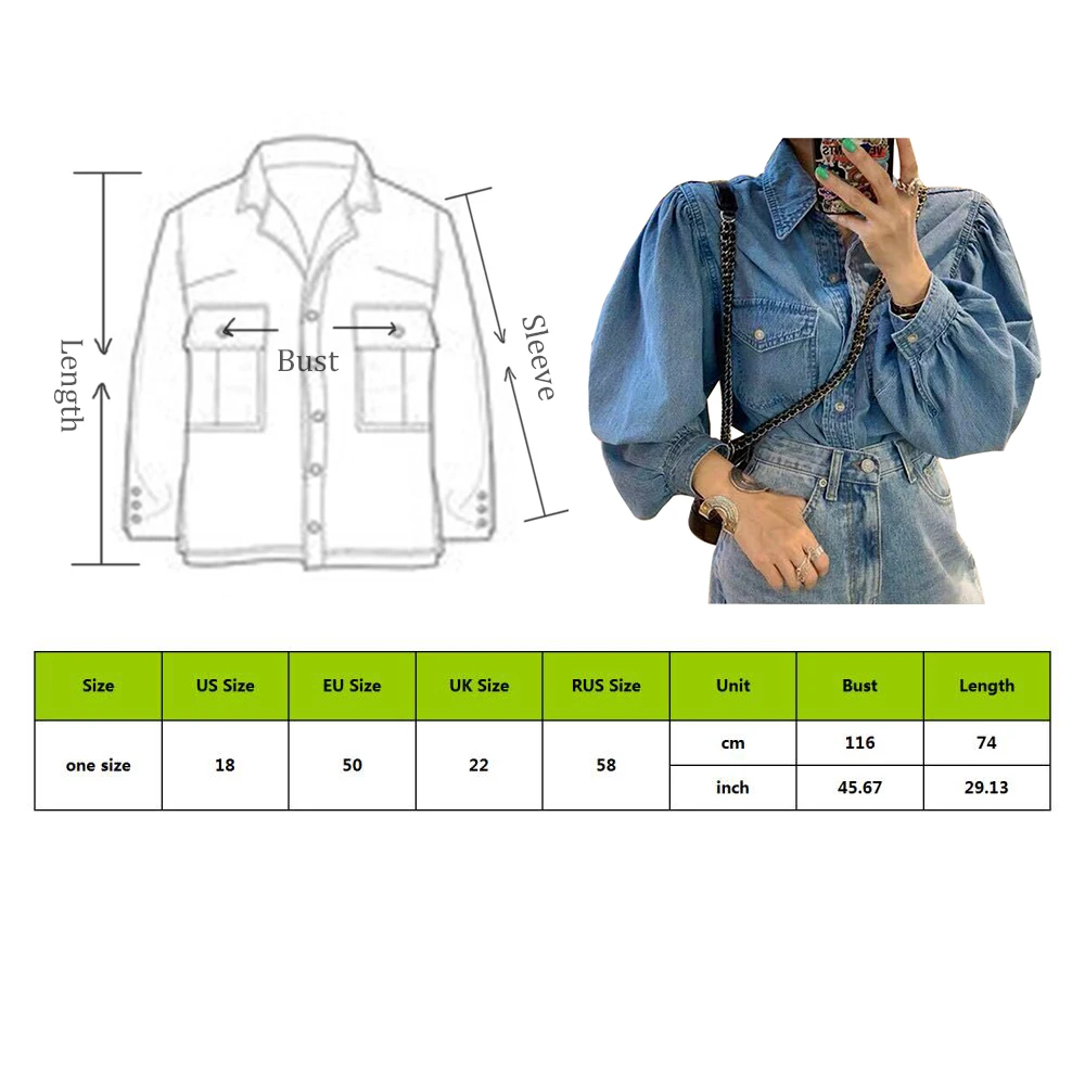 CALOFE 2020 Autumn Fashion Women Jeans Shirt Chic Puff Sleeve Loose Denim Long-sleeved Coat Hot Girls Casual Outwear |