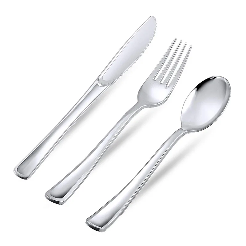 Одноразовая пластиковая посуда нож вилка ложка серебряная набор столовых