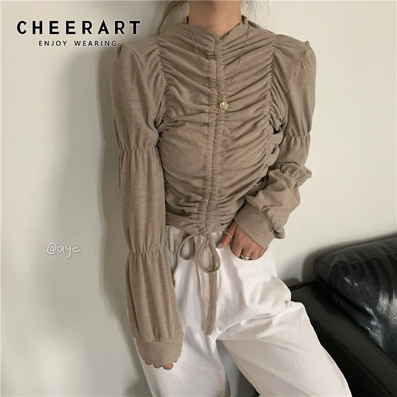 Женская укороченная блузка CHEERART Топ с длинным рукавом и кулиской корейская мода