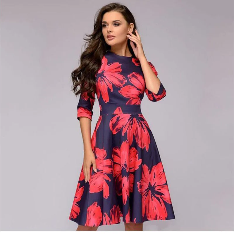 

Hot Sale Women Sexy Casual Knee-length A-line Dress Printing Mediumsleeve Vintage Banquet Round Neck Red Print Dress