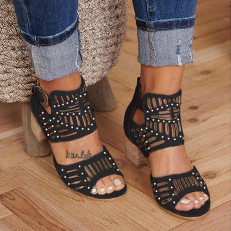 2020 Fashion New Style Sandals Women Vintage Hollow Out Peep Toe Square Heel Wedges High Heels Shoes Zapatos Mujer | Обувь
