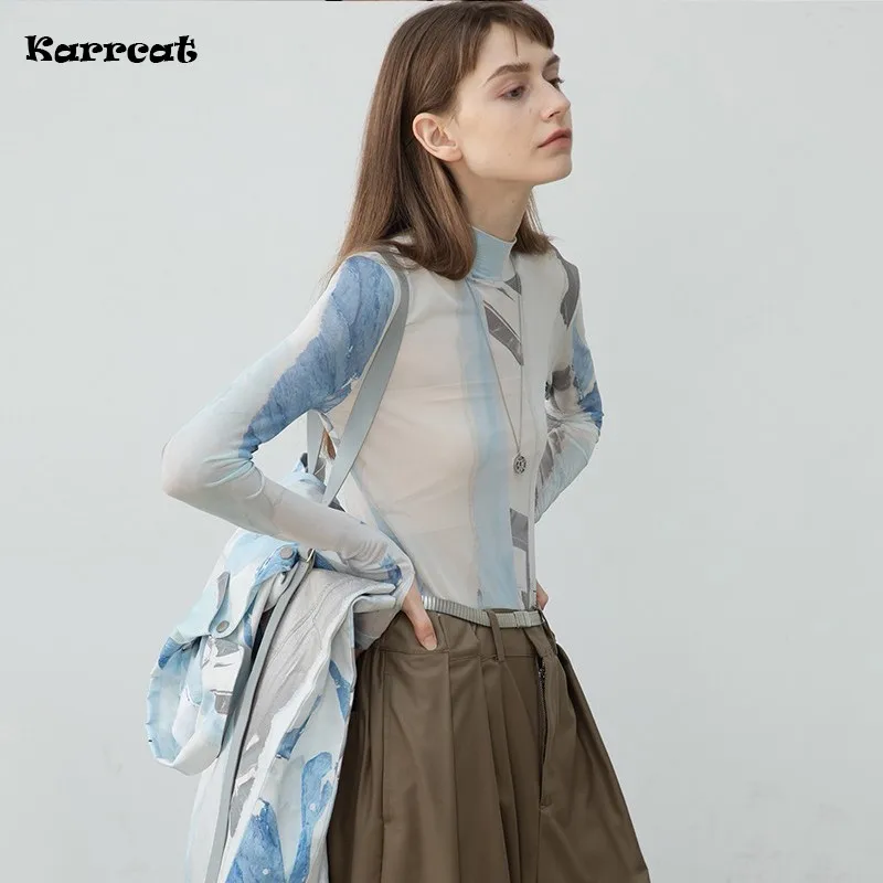 

Karrcat Vintage Designer Clothes Graphic Print Mesh Tops Turtleneck England Style Elegant Long Sleeve T-shirt Sheer Tops Autumn