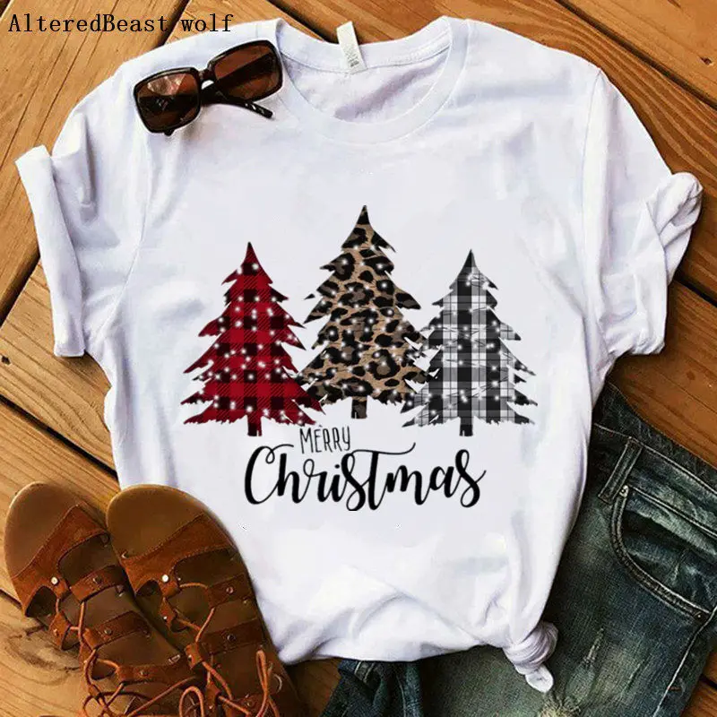 

Christmas Tree Leopard Printed white tshirt Women fashion T shirt tree Leopard pattern clothes Christmas t-shirt harajuku Tops