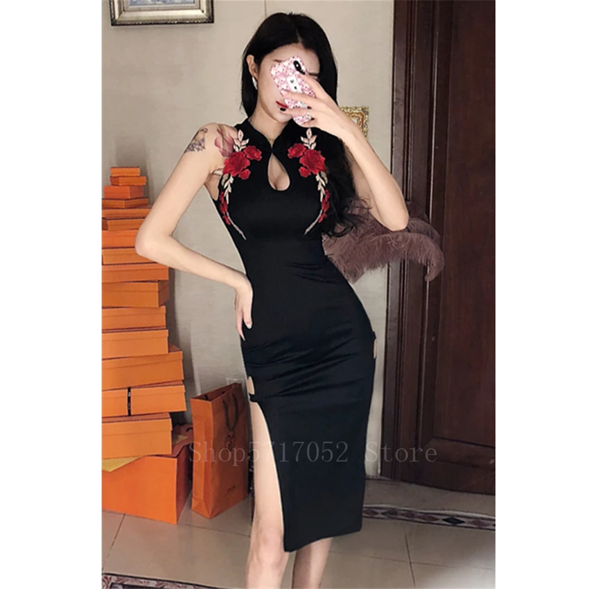 Женское сексуальное красное платье черное с высоким разрезом китайское