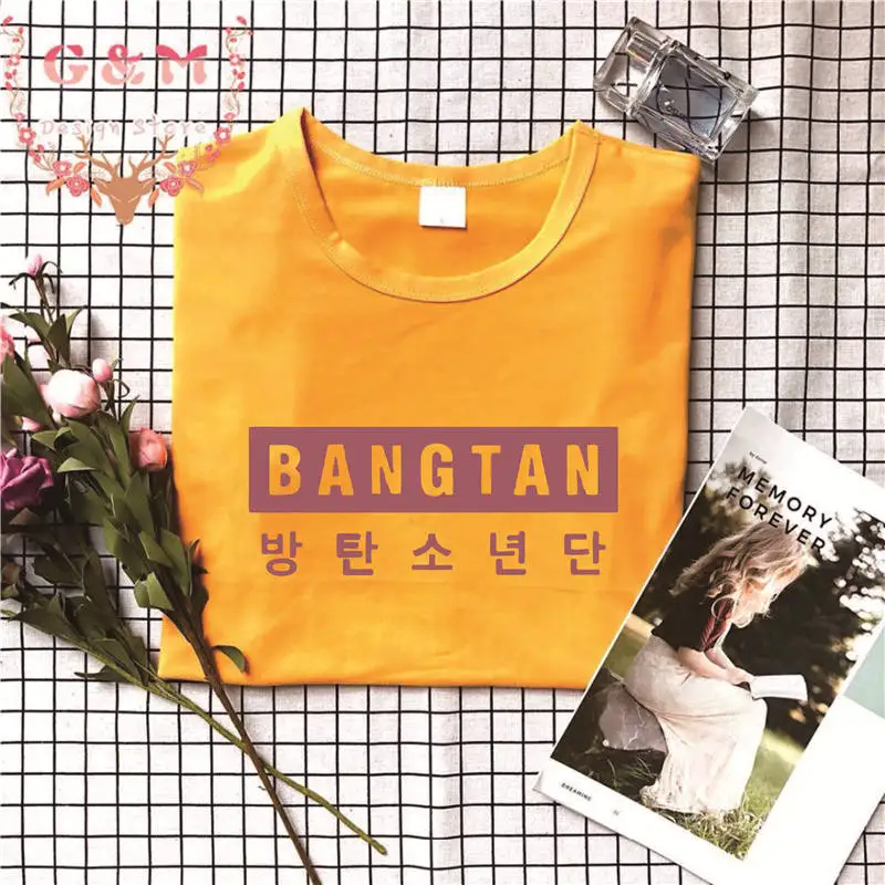 В стиле группы Bangtan Boys 방letter Letter Письмо печати Харадзюку Kpop корейский стиль Женская футболка мода короткий рукав хлопок женские летние топы - Цвет: yellow t rose gold