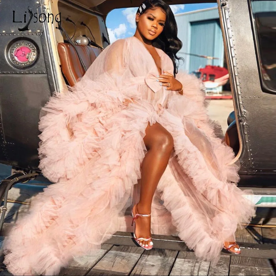 

Sexy See Thru Tulle Ruffles Long Pregnant Woman Dresses Kimono Tiered Ruched Robe Prom Gowns Puffy Sleeves African Cape Cloak