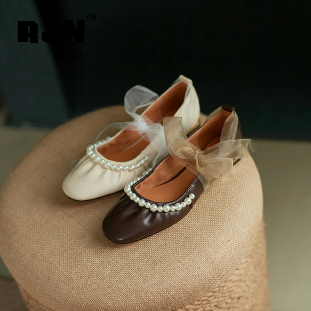 

RJN женская обувь, модные удобные мягкие кожаные туфли на шнурках с бусинами, стильные Универсальные женские повседневные туфли на плоской п...