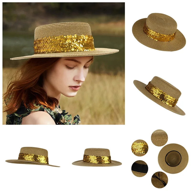 

Women Straw Sun Classic Gold sequins Beach Hat Wide Brim Panama Men UV Protection Cap chapeau femme 2021
