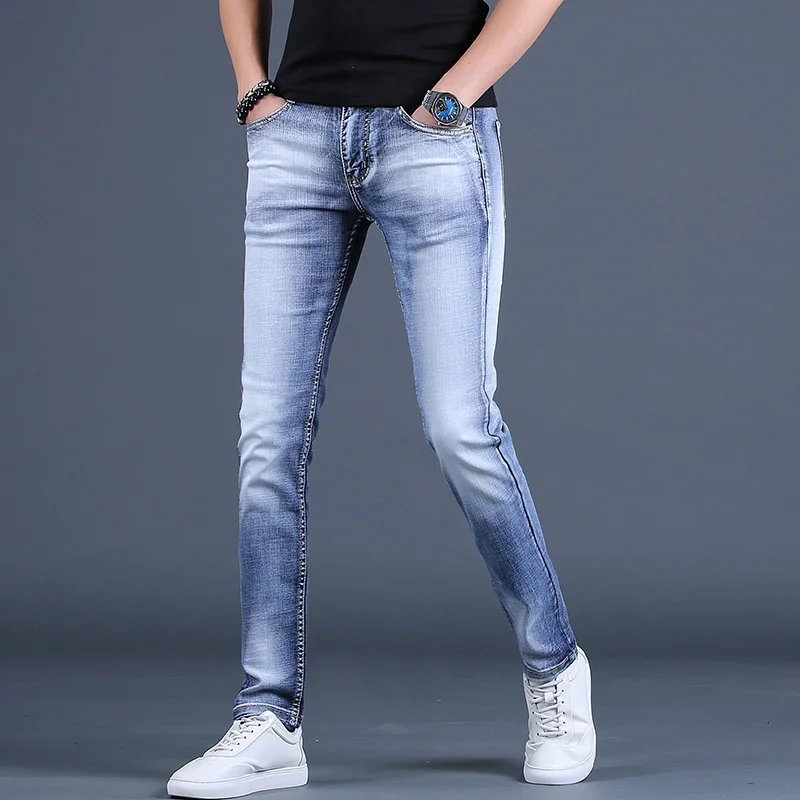 Summer Men Light Blue Stretch Jeans Korean Style Casual Cotton Denim Slim Fit Pencil Pants