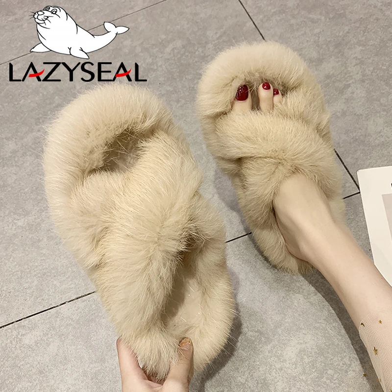 LazySeal/тапочки с натуральным кроличьим мехом женская обувь модные женские Вьетнамки, Повседневная плюшевая обувь на плоской подошве женские меховые домашние шлепанцы