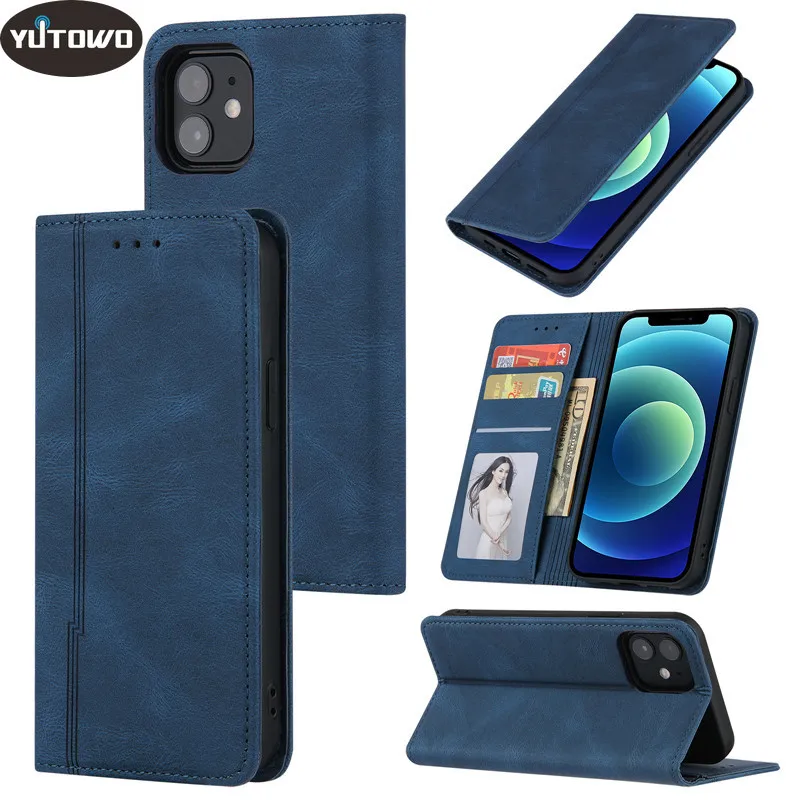Leather Magnetic Flip Wallet Case For iPhone 13 12 Mini 11 Pro XS Max XR X SE 2020 8 7 6 6S Plus Matte Holder Stand Phone Cover