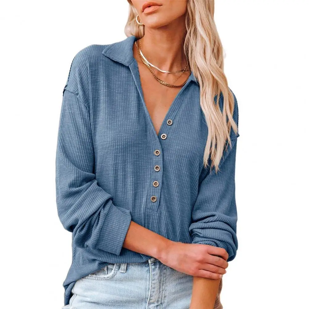 

2021 Women Blouse Solid Color Lapel Autumn Winter Single-breasted Half Cardigan Long Sleeve T-shirt Streetwear Casual Simplicity