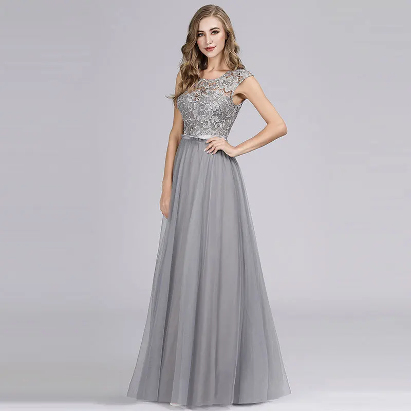 Elegant A-line Lace Evening Dress Scoop Floor-length Capped Sleeves Tulle with Sashes Zipper-up for Party | Свадьбы и торжества