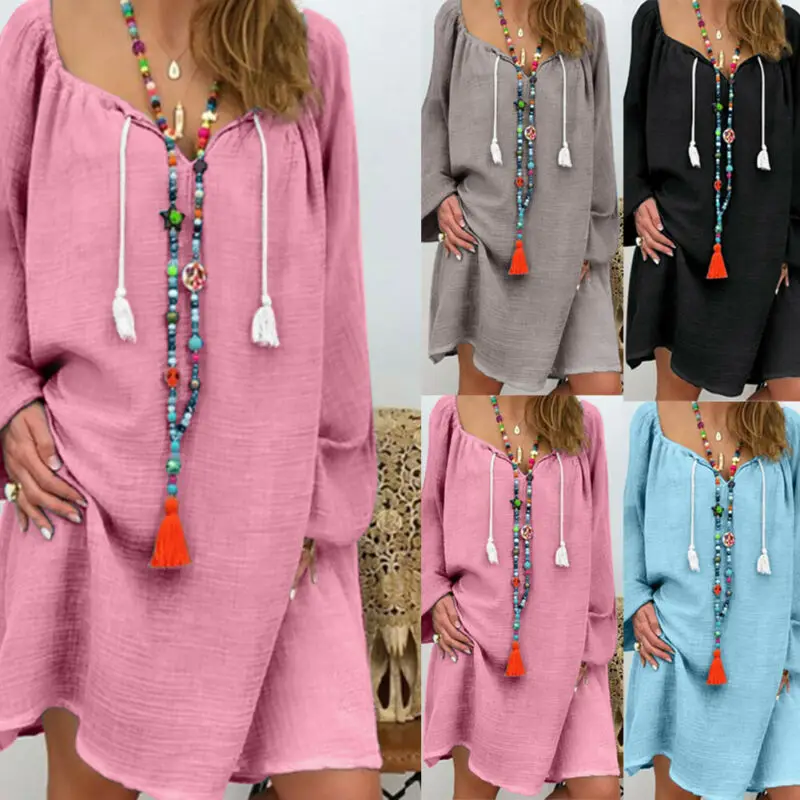 Летние женские платья из хлопка и льна Макси платье в стиле бохо свободный кафтан