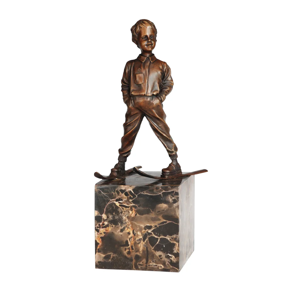 

Bronze Statue Ski Boy Sculpture Western Modern Art Room Decoration Accessories Children's Day Gifts