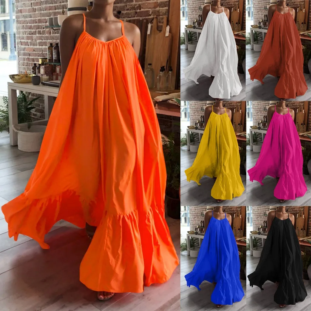 

2020 Summer Fashion Sexy Women Casual Solid Strap Dress Pocket Loose Backless Big Swing Dress Beach Dresses ropa mujer L42