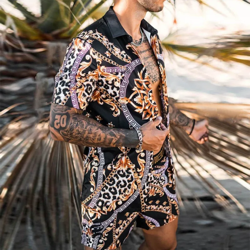 

2021 Summer Casual Sets Fashion Print Men's Short Sleeve Shirt+Beach Shorts Two-piece S-6XL Men Hawaiian Ethnic Style Set Y331