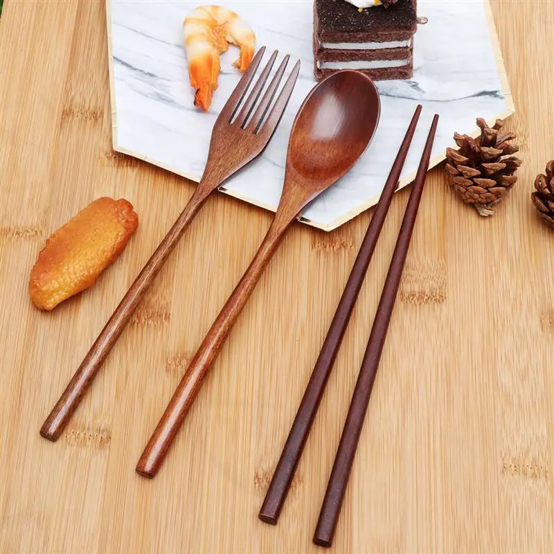 

Wooden Cutlery Spoon Fork Travel Wood Set Chopsticks Eating Salad Dessert Tableware Silverware Japanese Utensil Table Forks