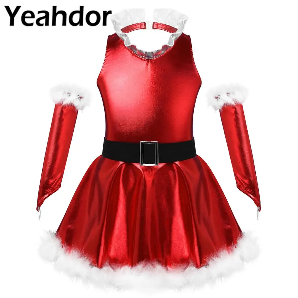 

Kids Girls Christmas Dance Costume Outfit Sleeveless Ruffle V Neck Elastic Waistband Open Back Party Dress with Split Sleeve