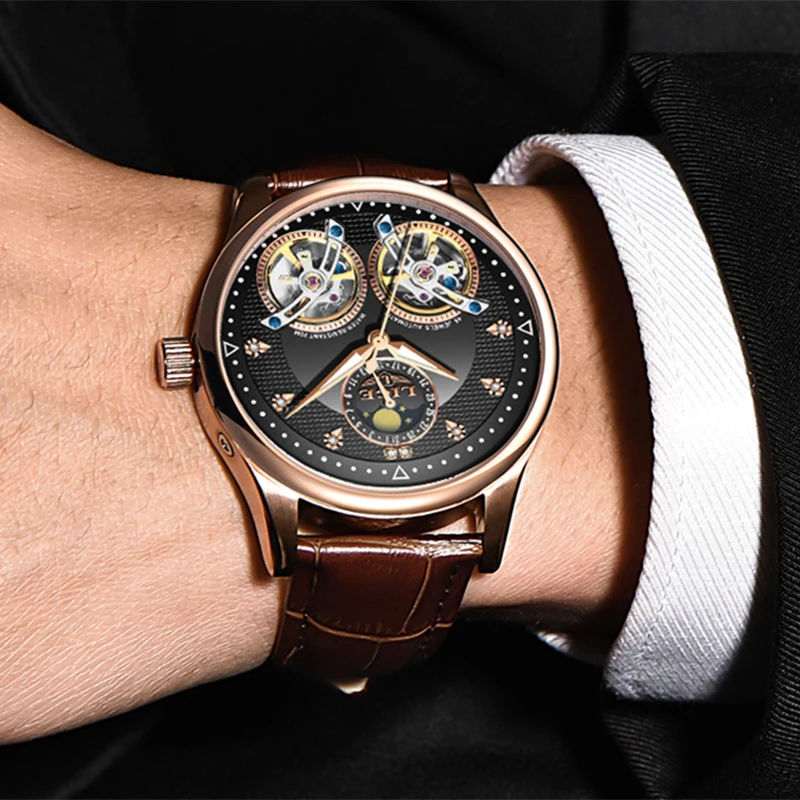 Reloj LIGE Мужские механические часы Tourbillon Роскошные модные брендовые кожаные
