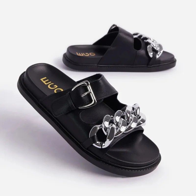 

ZAR Woman 2021 Flat Shoes Spring Summer Fashion Metal Chain Outer Wear Black Plus Size 43 Lazy Sandals And Slippers Women Luxury