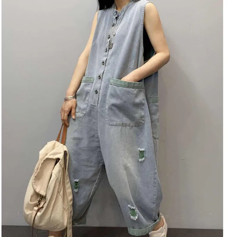 

Baggy Denim cargo Overalls Women Sleeveless Jumpsuits Rompers Ripped Jean Working Cowboy Playsuits hanging crotch Wide Leg pants