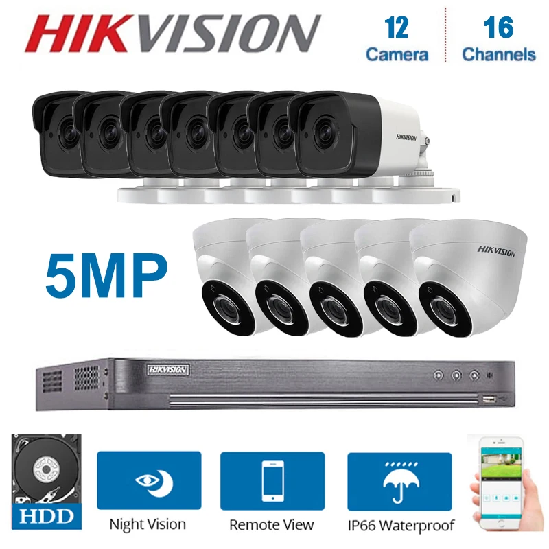 Network Hikvision 16Channels DVR Video Surveillance with 12Pcs 5MP Camera Night Vision CCTV Security System Kits | Безопасность и