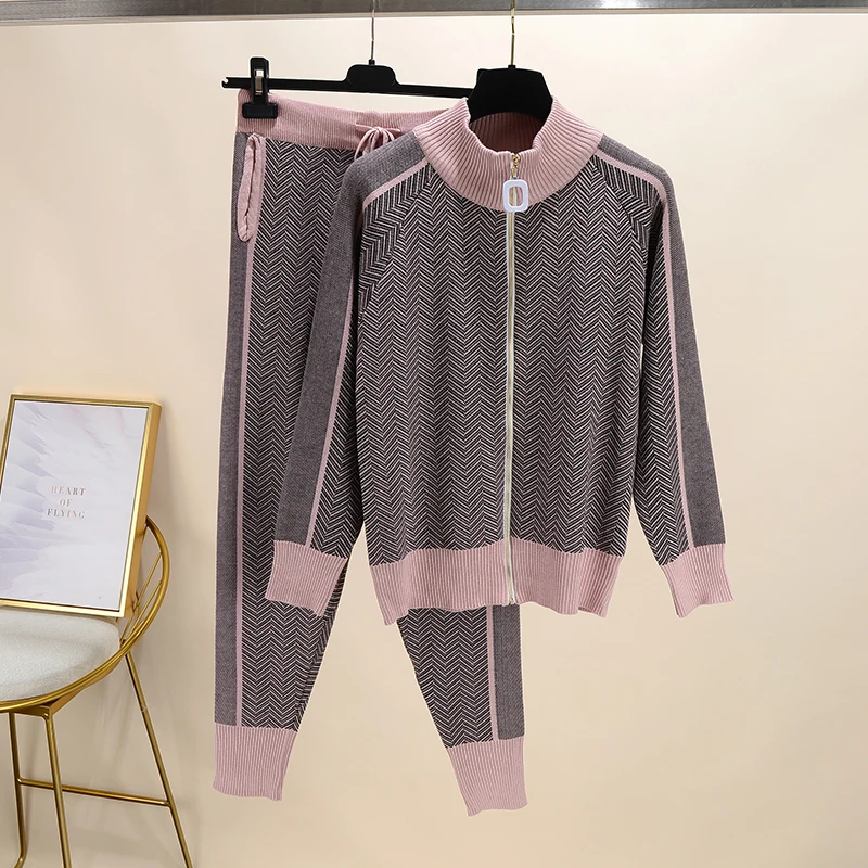 

Fall Winter New Tracksuit Woman Color Patchwork Turtleneck Zipper Knitted Cardigans+Pants 2PCS Sets Long Sleeve Knit Top Trouser