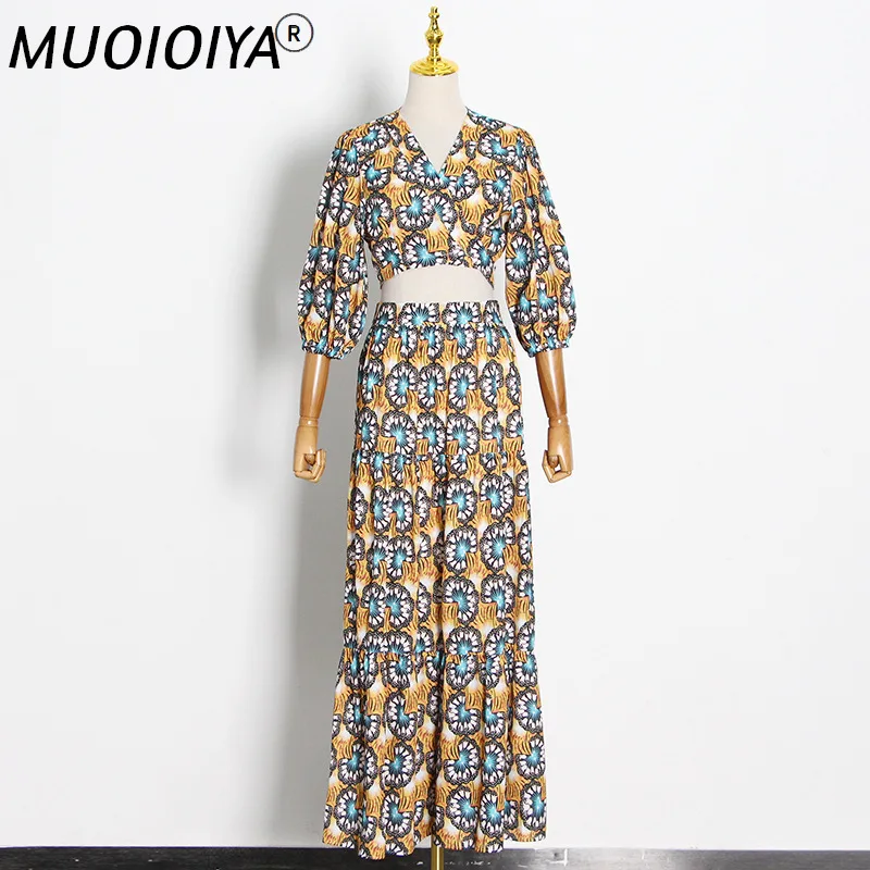 

Женский костюм с юбкой макси, привлекательная короткая блузка с V-образным вырезом и рукавами-фонариками и длинная юбка с принтом и высокой ...