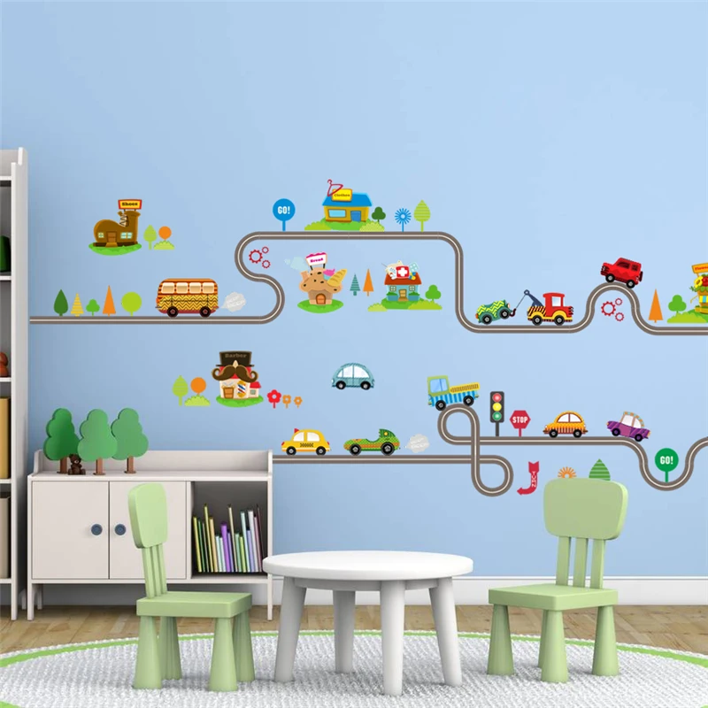 

Cartoon Traffic Cars Wall Stickers For Kids Rooms Organizer Highway Track Bedroom Wall Decal House Decoration Child DIY Sticker