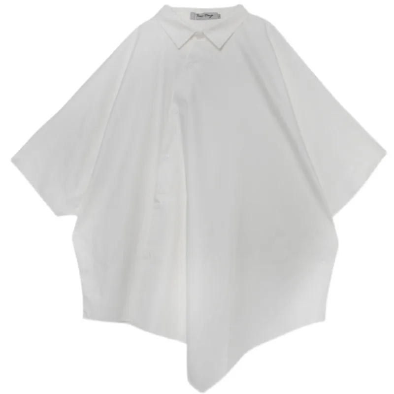 

LANMREM Women New Shirt Batwing Sleeve Polo Neck Irregular Lage Black Series Loose Fit Fashion Tide Summer 2021 2P2148