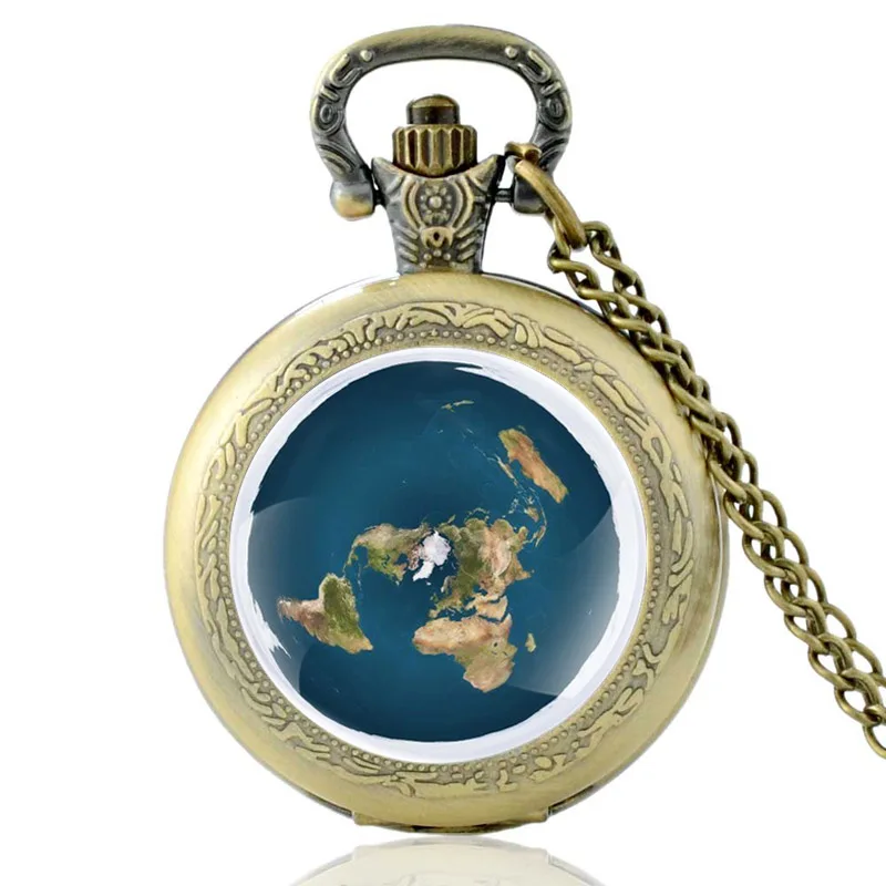 

Unique The Earth Is Flat Bronze Vintage Quartz Pocket Watch Men Women Pendant Necklace Hours Clock Gifts