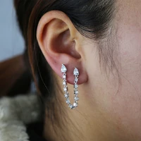 korean new trendy double ear holes dangle earrings long tassel chain connection studs ice out bling cubic zirocon ladies earring