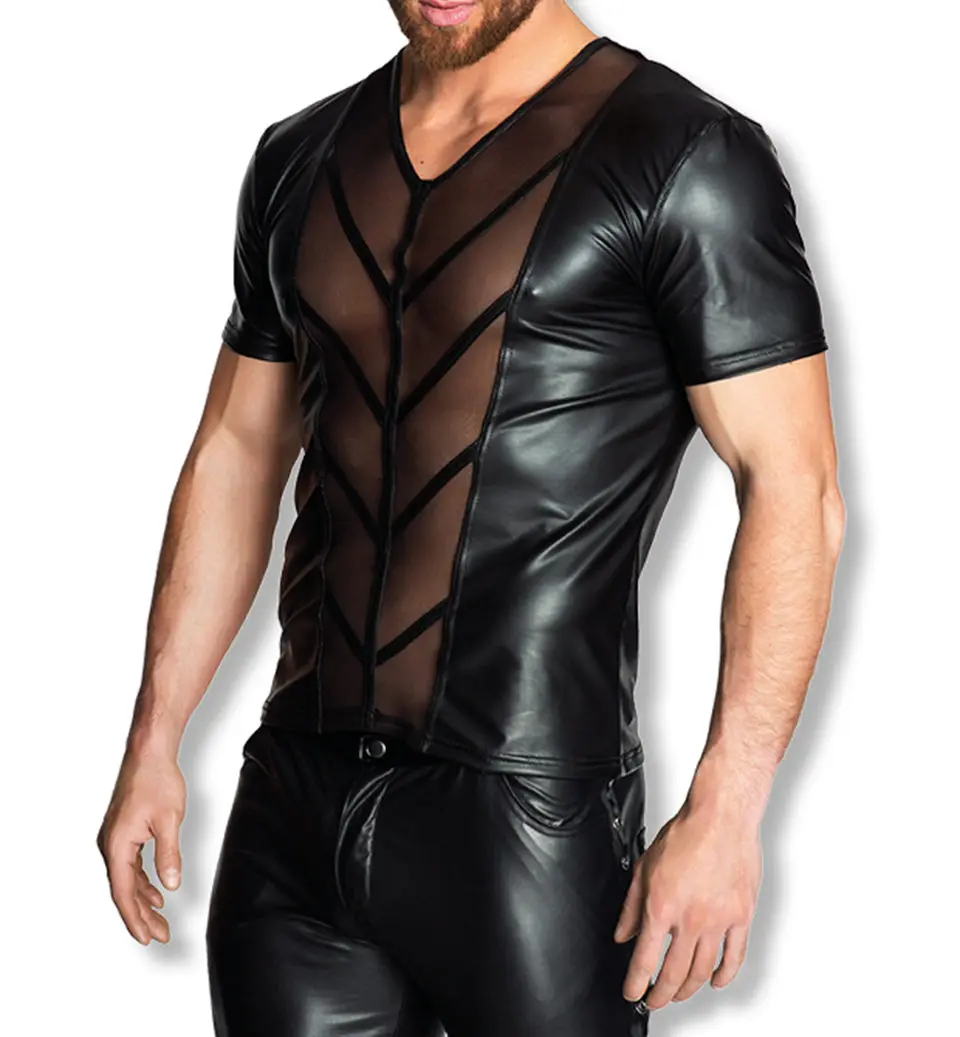 Новый стиль мужские топы из искусственной кожи с прозрачной сеткой футболки