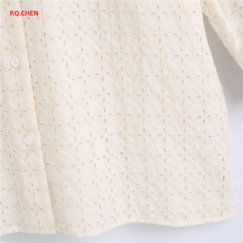 

P.Q.CHEN 2021 Embroidery Long Shirt Women Cut Out Oversize Summer Top Woman Semi Sheer Long Sleeve Button Up Vintage Blouse