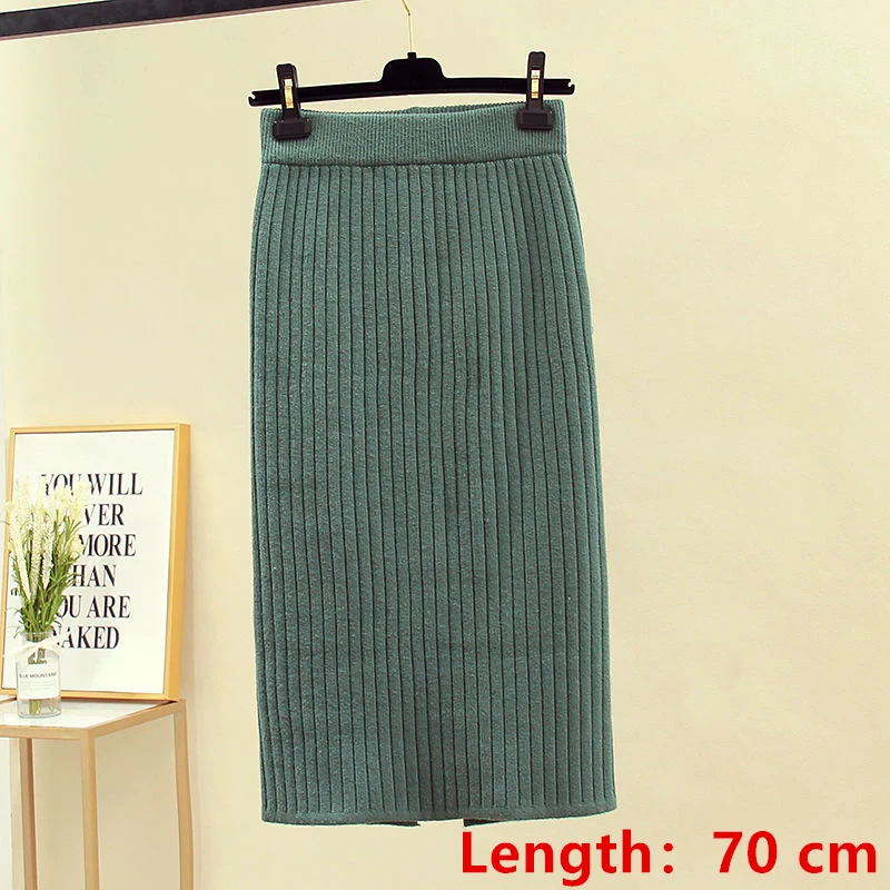 green-length 70cm 60-70 см эластичные женские юбки осень зима теплая трикотажная прямая юбка ребристая юбка средней длины черная - Цвет: green-length 70cm