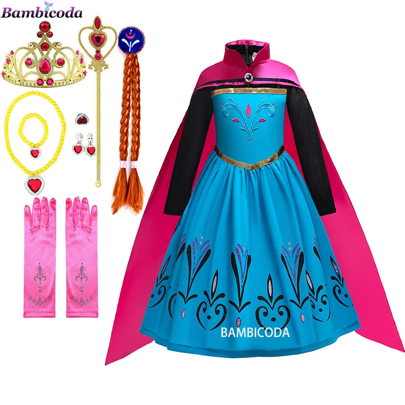 Princess Dresses Snow Queen Girls Fancy Costume Birthday Party Cosplay Clothing With Long Cloak Braid Christmas Present Vestido