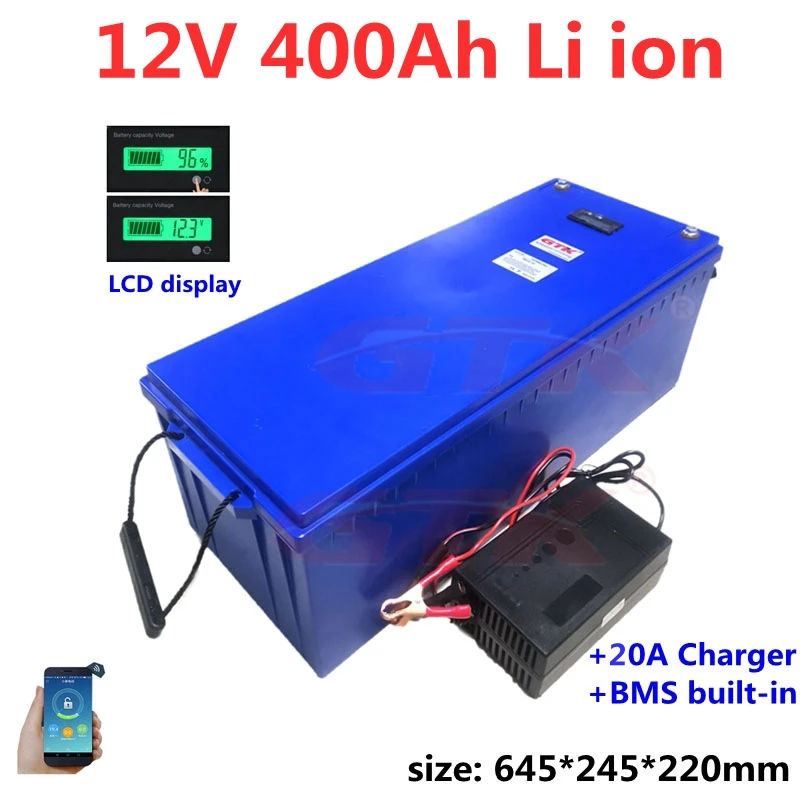 

Waterproof 12v 400ah Lithium Ion Battery Pack with BMS for 1000W 2000W 3000W Solar Inverter Caravan RV UPS Boat + 20A Charger