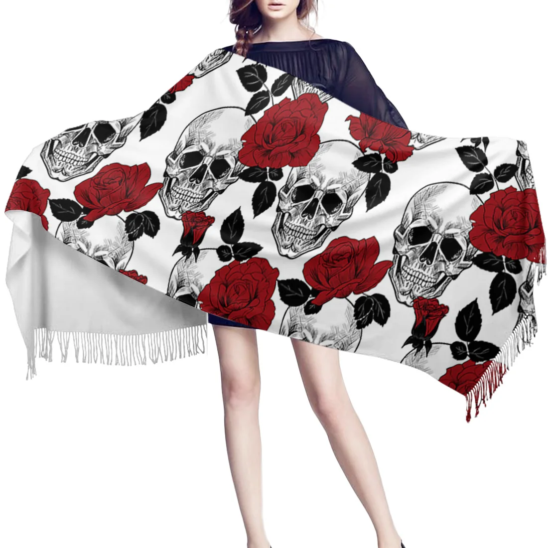 Женский кашемировый шарф с кисточками длинный розами и черепами для женщин зима