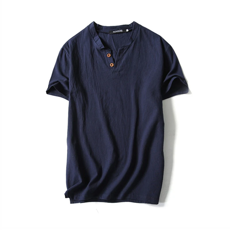 Navy Blue Летние мужские китайские традиционные рубашки Топы повседневные льняные с v-образным вырезом с коротким рукавом восточные китайские кунг-фу одежда костюм Тан - Цвет: Navy Blue
