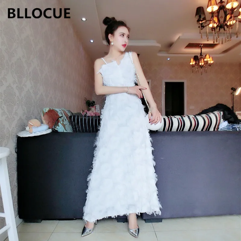 

BLLOCUE 2020 Spring Summer New Sexy Sleeveless Backless Runway Strap Dress Women Feather Tassels Bohemian Beach Dress
