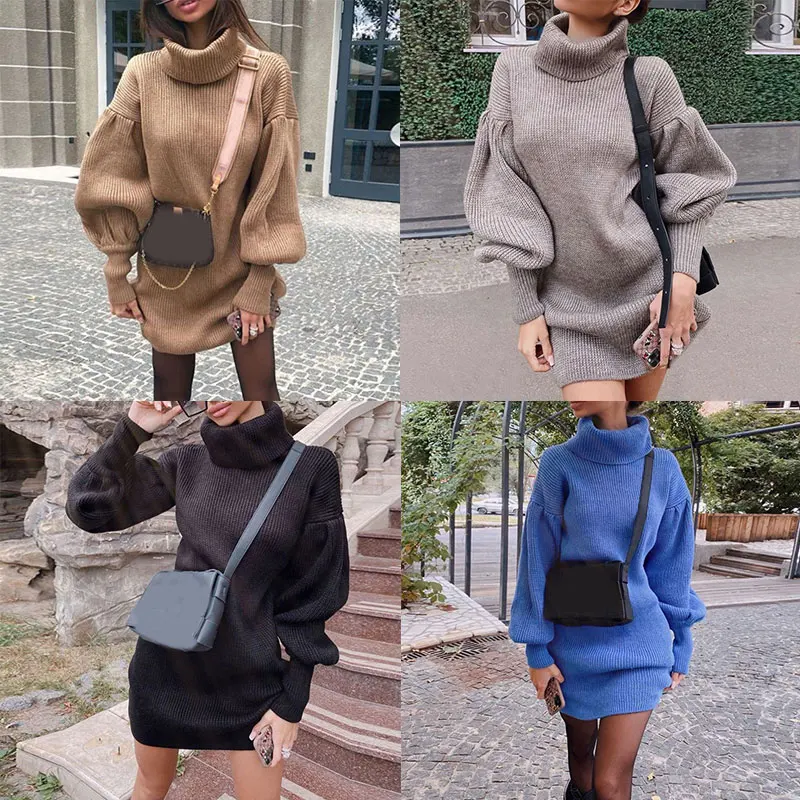 

Вязаный свитер, облегающее платье, женское платье-свитер, зимние Джемперы, пуловер с рукавом-фонариком, водолазка, модное женское платье ове...