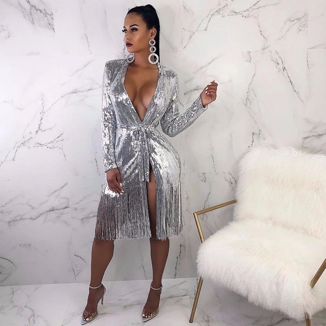 2020 женское блестящее платье с кисточками сексуальное v образным вырезом на