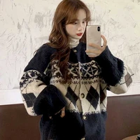 autumn and winter 2021 new retro jacquard knitted loose large size single breasted cardigan round neck long sleeved sweater wome