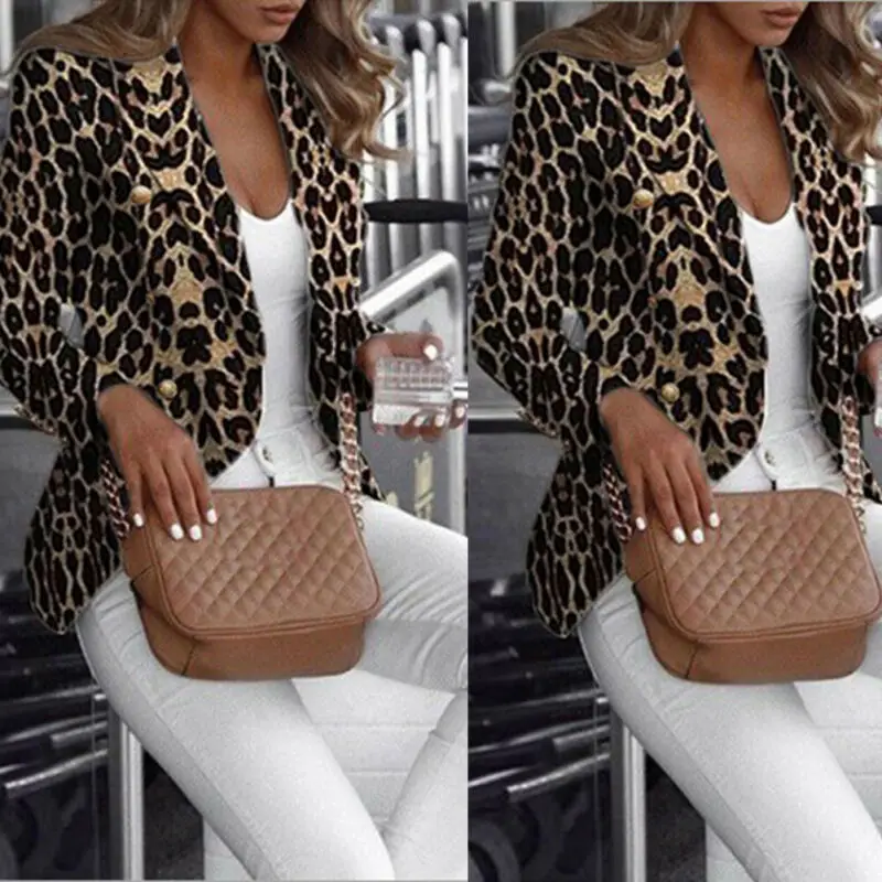 

Leopard Printed Slim Fit Blazer Women Warm Casual Winter Autumn Cardigan Blazer Long Sleeve Coat Casual Sexy Business Outwear