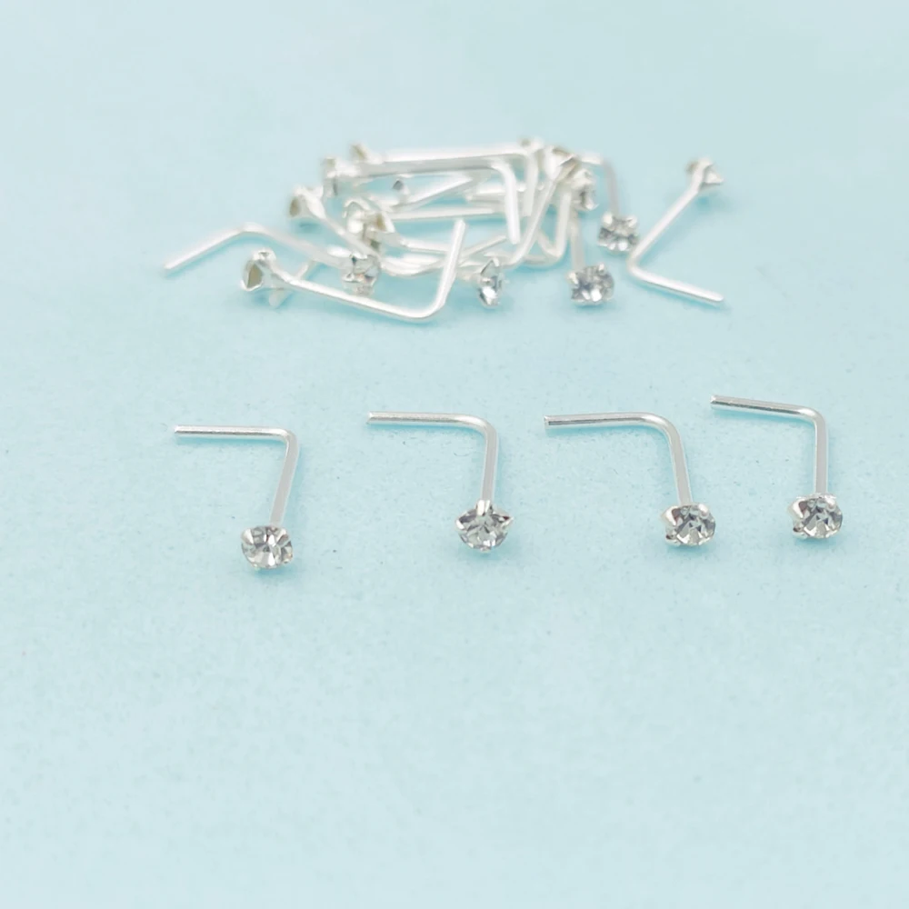 Серьга для пирсинга носа 2 мм прозрачная серебряная L-образная ювелирное изделие